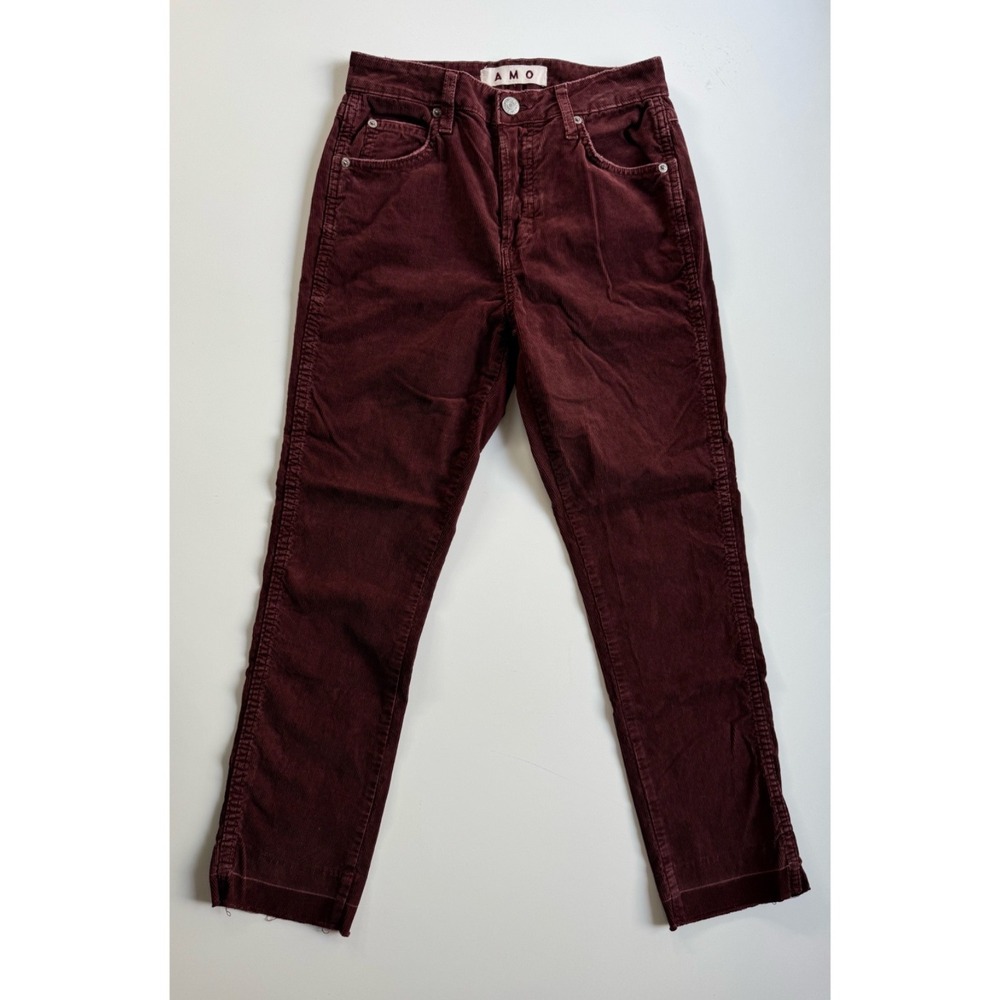 AMO Babe Corduroy Pant Womens 27 (26x26.5) Burgundy Straight‎ Raw Hem Made USA